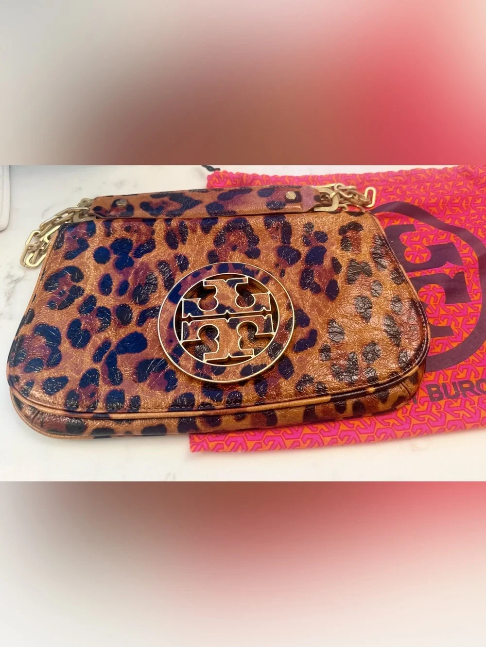 RARE Tory Burch Ainsley Leather Leopard Crossbody Clutch w/ Removable Strap